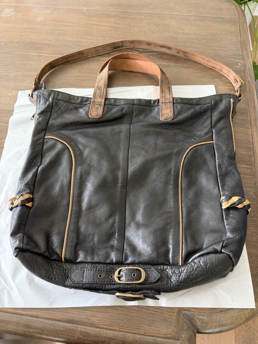 Free People Black Leather Tote with Brown Handles and Brass Accents - Picture 3 of 6
